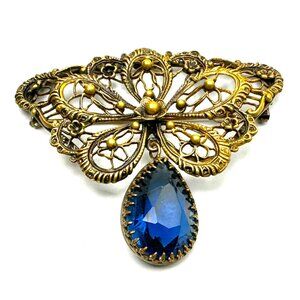 1930s-40s Joseff of Hollywood Filigree Brooch— Vintage Russian Gold , Blue Drop